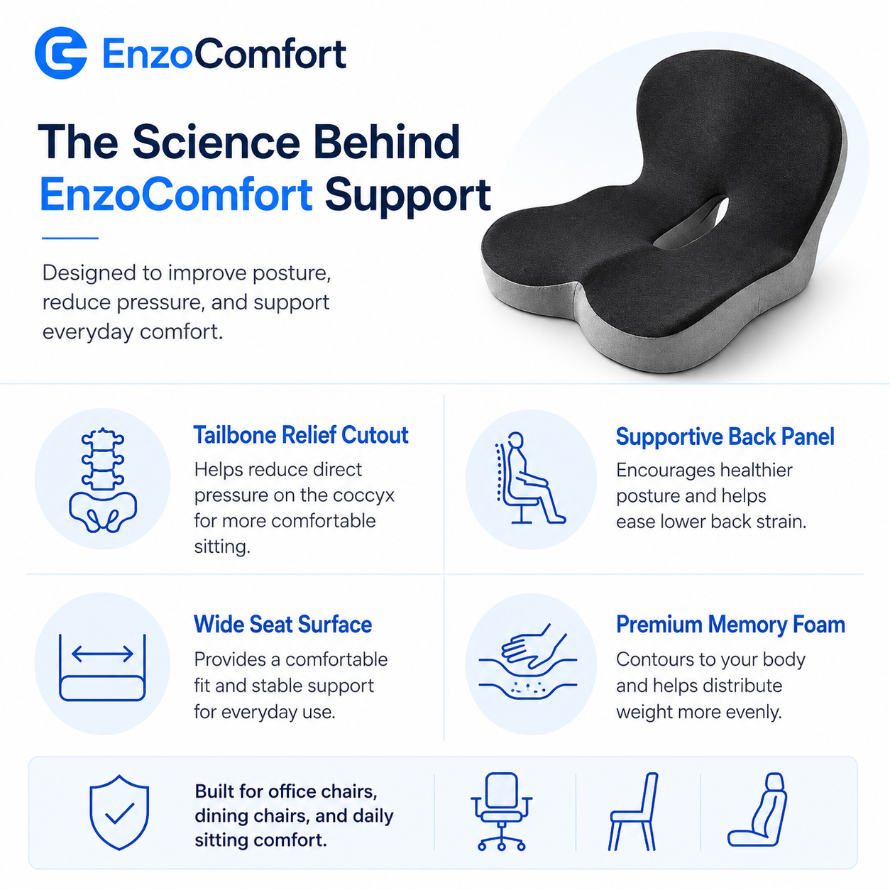 EnzoComfort© Ergonomic Seat Support Cushion
