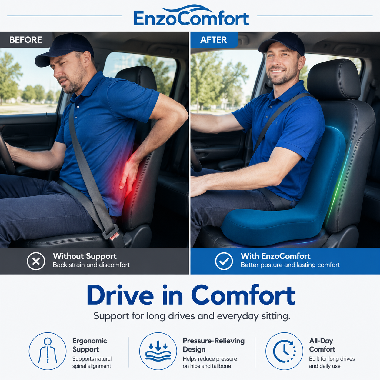 EnzoComfort© Ergonomic Seat Support Cushion